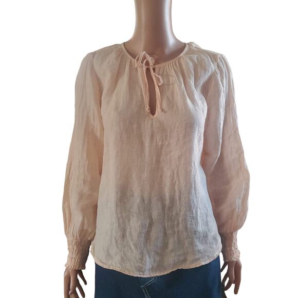 Anthropologie Cloth & Stone Size M 100% Linen Peachy Pink Tie Peasant Blouse - Picture 1 of 9